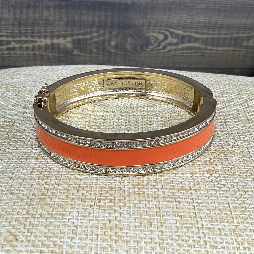 Vintage Ann Taylor Hinged Clamper Bangle Bracelet Orange Enamel Rhinestones Sz 7